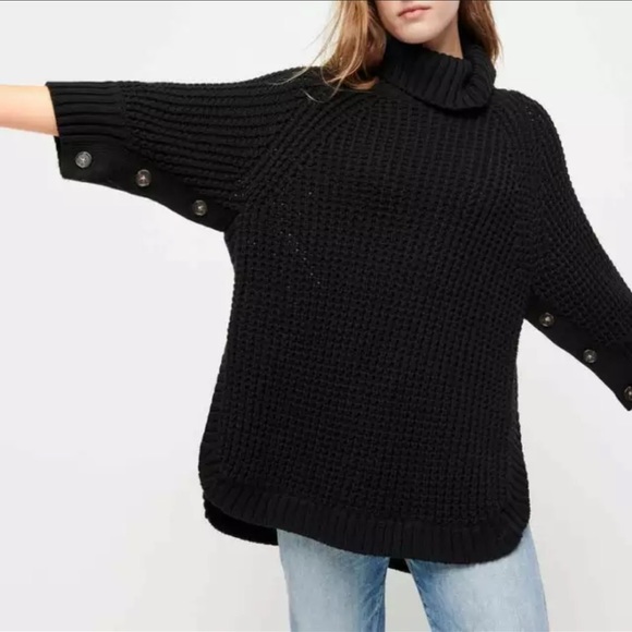 J. Crew Sweaters - J. Crew Black Button Sleeve Turtleneck Oversized Crochet Poncho Sweater Size S